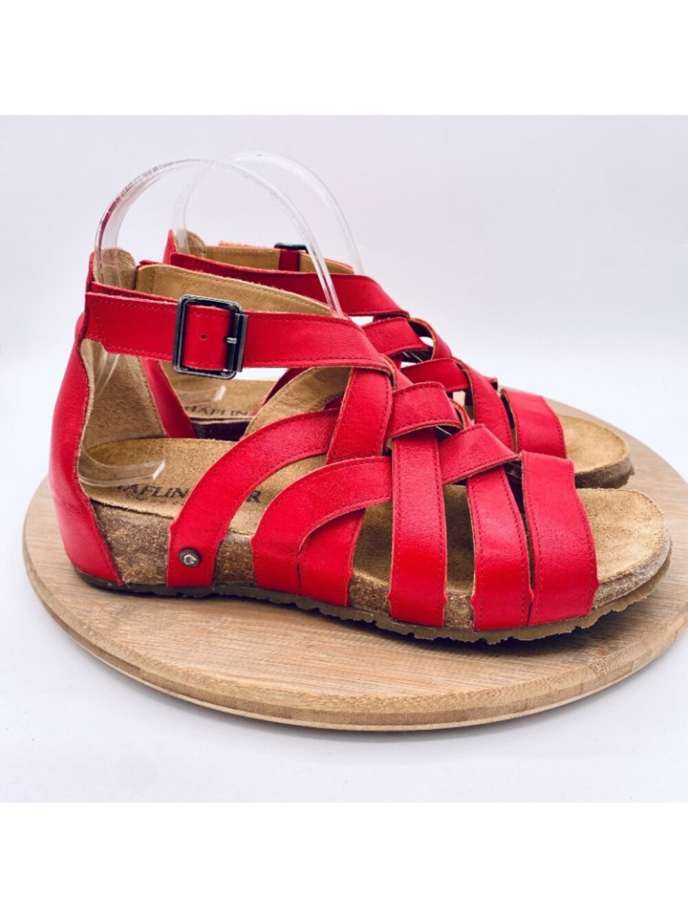 Haflinger Sandals Womens 7 38 Red Leather Ankle Strap Flats Peep Germany - Picture 6 of 13